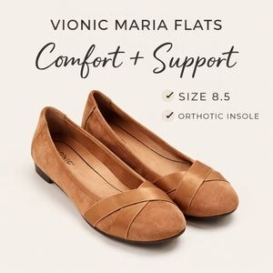 Vionic 8.5 Maria Toffee Brown Suede Ballet Flats Arch Support Comfy